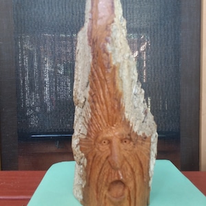 Large Hand Carved Wooden Art &quot;Shouting Mountain Man&quot; - Whimsical Face - Tree Wood Spirit - Log Cabin Decor