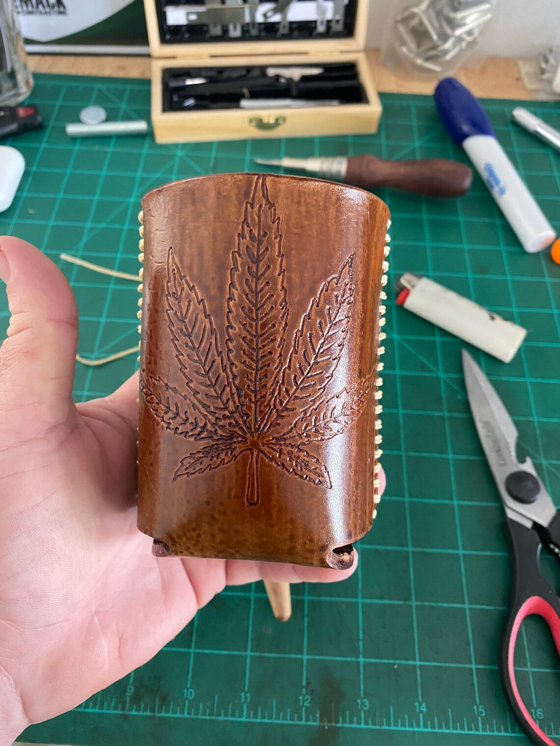 Custom leather beer koozies, pint glass sleeves, and whiteclaw koozies