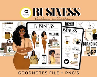 May include: A digital sticker collection for Goodnotes featuring a brown-skinned woman in a business outfit. The stickers include phrases like "Business Ideas", "Meeting", "Branding", "Process Orders", and "This Girl Can".