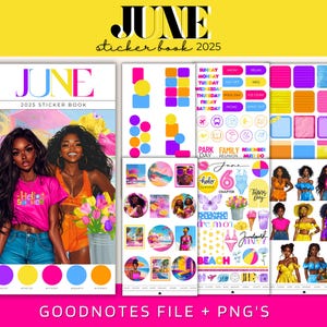 2025年6月 Goodnotes用デジタルステッカーブック、6月PNG月間ステッカー、トリミング済み6月ステッカー、サマーブラックガールステッカー