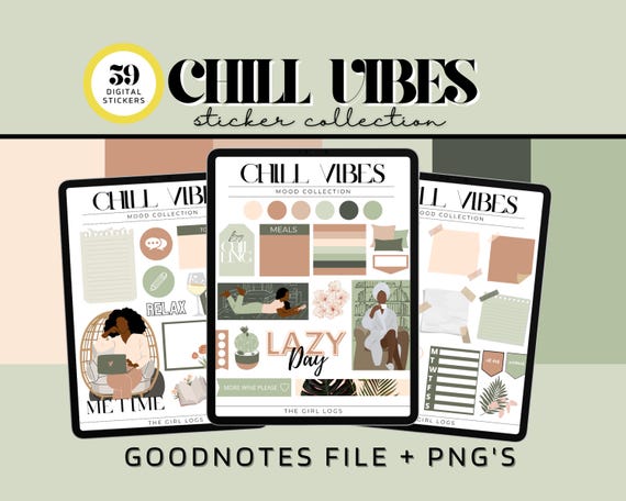 Chill Vibes Digital Stickers, Chill Mode Stickers, Goodnotes Digital Stickers, Pre-Cropped Digital Stickers, African American Girl