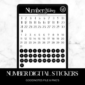 May include: Black and white digital number stickers displayed on a tablet screen. The stickers include numbers 1-31 in various formats, with the text "Number Stickers" at the top. The bottom of the image reads "Number Digital Stickers, Goodnotes File & PNG's."