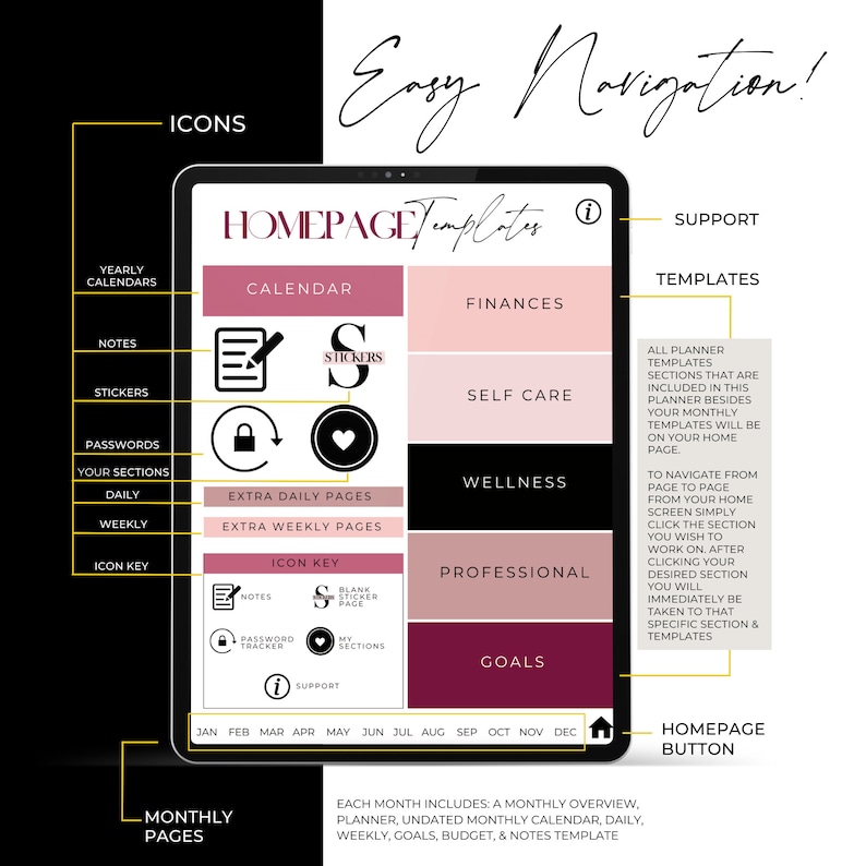 May include: A digital planner template homepage with a pink and burgundy color scheme. The homepage includes sections for calendar, finances, self care, wellness, professional, and goals. The image includes the text "Homepage Templates" and "Easy Navigation!"