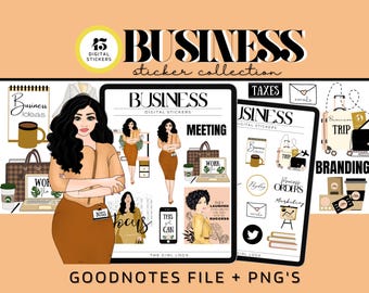 May include: A digital sticker collection for Goodnotes featuring business-themed illustrations. The stickers include a woman with brown hair, a laptop, a coffee cup, a briefcase, a plant, and text that says "Business Ideas", "Meeting", "Work", "Boss", "Focus", "This Girl Can", "They Laughed", "Success", "Taxes", "Emails", "Trip", "Branding", "Process Orders", "Marketing", and "The Girl Logs".