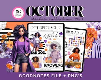 May include: A digital sticker collection for October with 66 stickers. The stickers feature illustrations of women, pumpkins, and fall-themed designs. The text "October Vol. 2 Sticker Collection" is featured on the stickers. The stickers are designed for use in digital planners and journals.