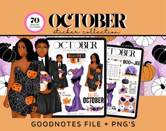 May include: Digital sticker collection for October featuring illustrations of women in Halloween costumes, pumpkins, and spiderwebs. The text includes "October" and "70 Digital Stickers". The product is a GoodNotes file and PNGs.