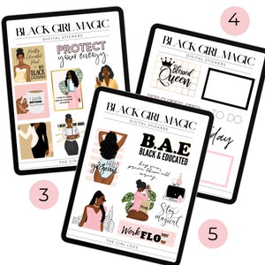 May include: A set of digital stickers featuring illustrations of Black women with empowering messages. The stickers include phrases like "Protect your energy", "Blessed Queen", "B.A.E. Black & Educated", "Work Flo", and "Stay Magical".