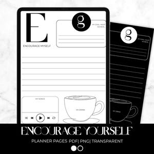 May include: A digital planner page with the text "Encourage Myself" and a large letter "E". The page includes sections for notes, goals, and a coffee cup graphic. A second page is visible with a similar design.
