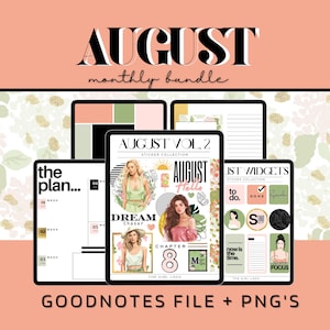 2024 August Digital Bundle, August Goodnotes Pre-Cropped Stickers, August Widgets,  August Templates