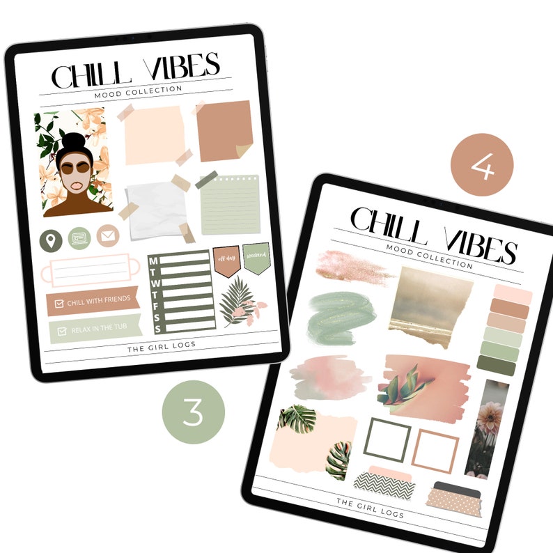 以下が含まれることがあります： 「Chill Vibes Mood Collection」と「The Girl Logs」というテキストが書かれた2つのデジタルプランナーページ。最初のページには、フェイスマスクをした女性、チェックリスト、週間プランナーが描かれています。2番目のページには、抽象的な形、ヤシの葉、ビーチのシーンなど、さまざまなステッカーが描かれています。