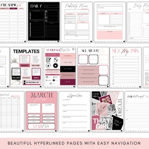 May include: A digital planner with pink and black accents. The planner includes pages for daily planning, productivity, goal setting, and more. The pages are organized into sections with titles like "Daily", "Templates", "Homepage", "All About", "Sections", "March", "Affirmations", "Good Vibes", and "Dream".