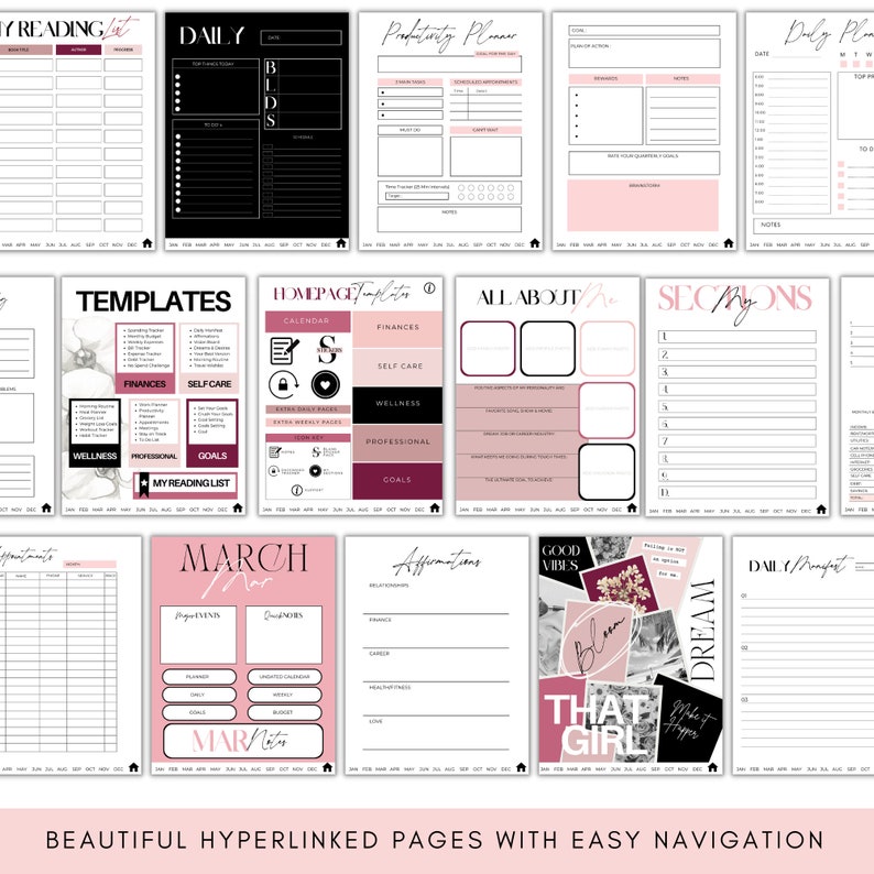 May include: A digital planner with pink and black accents. The planner includes pages for daily planning, productivity, goal setting, and more. The pages are organized into sections with titles like "Daily", "Templates", "Homepage", "All About", "Sections", "March", "Affirmations", "Good Vibes", and "Dream".
