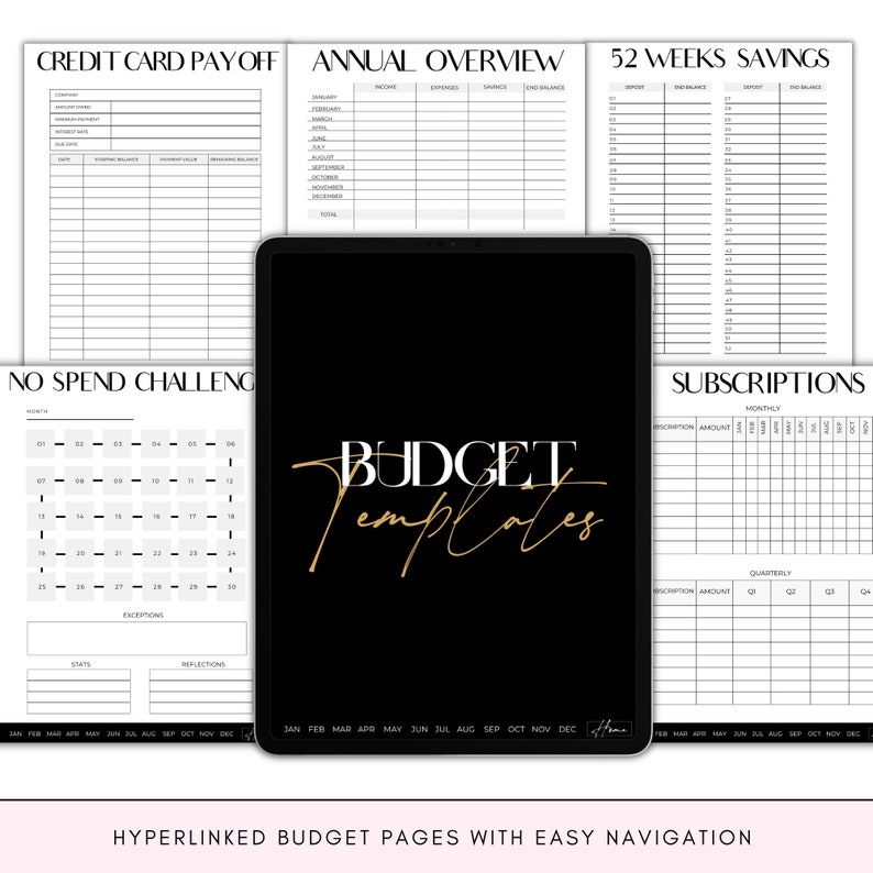May include: Digital budget templates displayed on a tablet. The screen shows various financial planning pages, including credit card payoff, annual overview, and 52 weeks savings. The central page features the text "BUDGET Templates" in gold script.