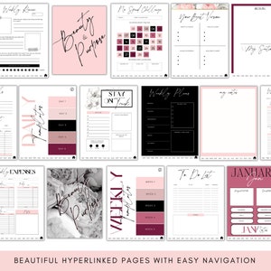May include: A digital planner with pink and black pages featuring a variety of templates for weekly planning, to-do lists, expense tracking, and goal setting. The planner includes the text "Beauty & Purpose" and "Stay on Track".