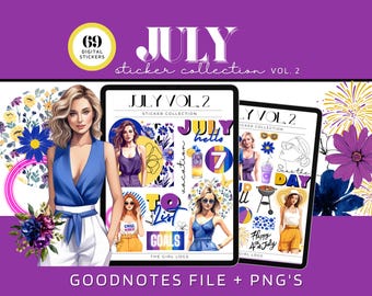 Pegatinas digitales de julio de 2024 para Goodnotes, pegatinas mensuales de julio, pegatinas precortadas con temática de verano de julio