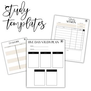 May include: Three white study templates with black text. The top left template reads "Study Guide". The center template is a "Five Day Study Plan". The top right template is a "Study Session" template. All templates have a neutral color scheme.