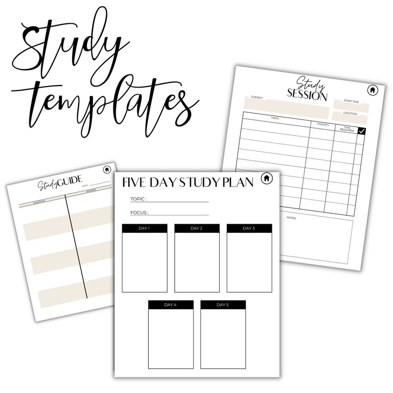 May include: Three white study templates with black text. The top left template reads "Study Guide". The center template is a "Five Day Study Plan". The top right template is a "Study Session" template. All templates have a neutral color scheme.