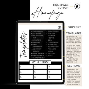 May include: A digital notebook template displayed on a tablet. The screen shows a homepage with sections for study, assignments, and more. The design is black and white with handwritten-style text. The notebook includes templates and sections for organization.