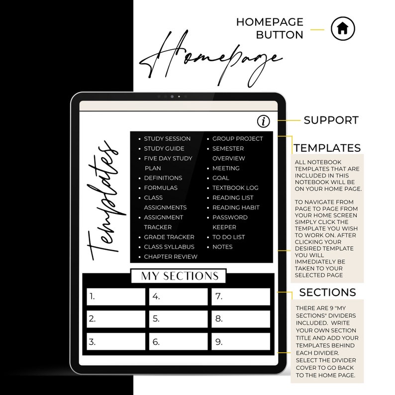 May include: A digital notebook template displayed on a tablet. The screen shows a homepage with sections for study, assignments, and more. The design is black and white with handwritten-style text. The notebook includes templates and sections for organization.
