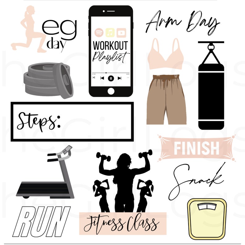 May include: A set of fitness-themed illustrations, including a phone with a workout playlist, a punching bag, a treadmill, a weightlifting class, a scale, and the words "Leg Day", "Arm Day", "Steps", "Run", "Fitness Class", "Finish", and "Snack".
