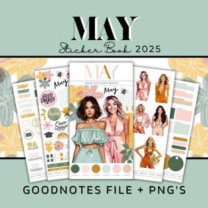 May include: A digital sticker book for the month of May with a floral theme. The cover features two women in stylish outfits with a bee and flowers. The sticker book includes a variety of stickers with days of the week, meal planning, and other useful phrases. The sticker book is compatible with Goodnotes and includes PNG files.