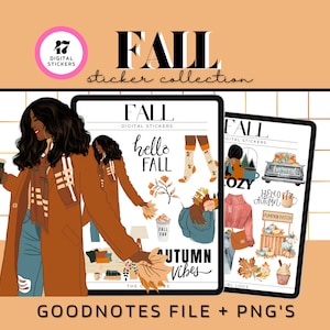 May include: A digital sticker collection with the text "Fall Sticker Collection" and 17 digital stickers featuring fall themes, including leaves, pumpkins, and a woman in a brown coat.