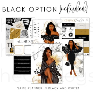 May include: A black and white planner with a floral design and a woman in a black dress. The planner includes sections for calendar, finances, self-care, and wellness. The text "Dream Lady" and "Beauty & Purpose" are featured on the planner.