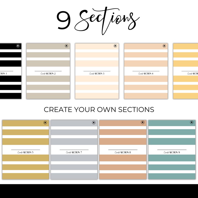 May include: A digital planner with nine sections, each featuring a unique striped design in various colors like black, beige, peach, and gold. The text "9 Sections" and "Create Your Own Sections" are displayed in elegant script.