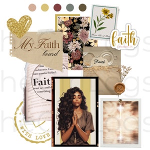 May include: A digital collage with a faith theme. The collage features a woman with long curly hair praying, a cross, a heart with the words "with love", a book with the word "faith", and a floral pattern. The text "My Faith board" is also included.