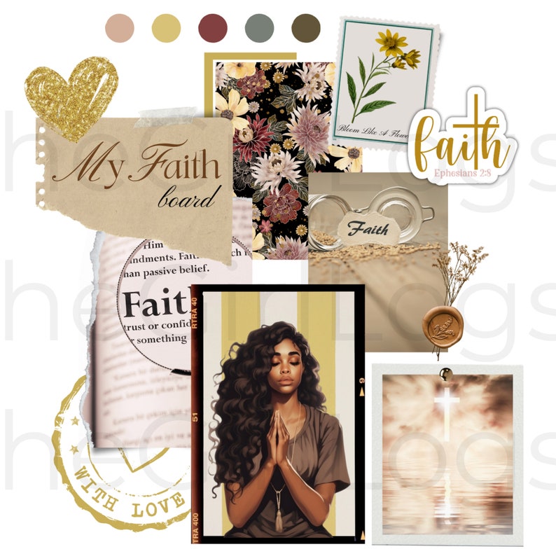 May include: A digital collage with a faith theme. The collage features a woman with long curly hair praying, a cross, a heart with the words "with love", a book with the word "faith", and a floral pattern. The text "My Faith board" is also included.