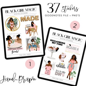 May include: A set of 37 digital stickers featuring illustrations of Black women in various poses and settings. The stickers are designed in a hand-drawn style and include phrases like "Black Girl Magic", "Reclaiming My Time", and "It's In My DNA".