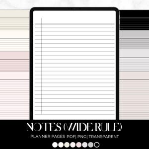 Könnte beinhalten: Ein digitaler Tablet-PC, der ein weißes, liniertes Papier mit schwarzem Rand zeigt, zusammen mit mehreren Seiten in verschiedenen Farben. Die Seiten sind beige, rosa, grau und schwarz. Der Text unten lautet "NOTES (WIDE RULE)" und "PLANNER PAGES PDF|PNG|TRANSPARENT".