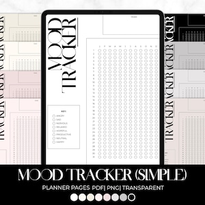 May include: A digital mood tracker displayed on a tablet, with a minimalist design. The tracker features a key for emotions and a grid for daily tracking. The text "MOOD TRACKER (SIMPLE)" is at the bottom, along with planner page details.