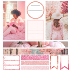 May include: A digital planner page with a pink and white color scheme. The page includes a checklist, a note section, and a decorative pumpkin graphic.