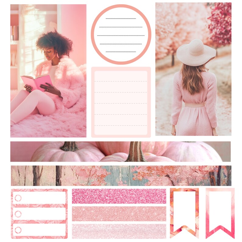 May include: A digital planner page with a pink and white color scheme. The page includes a checklist, a note section, and a decorative pumpkin graphic.