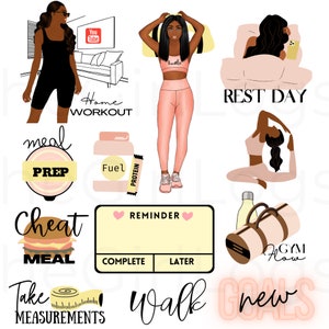 May include: A set of digital stickers featuring illustrations of a woman in various fitness-related activities, including working out, meal prepping, and taking a rest day. The stickers include text such as "Home Workout", "Meal Prep", "Cheat Meal", "Rest Day", "Take Measurements", "Walk", and "New Goals".