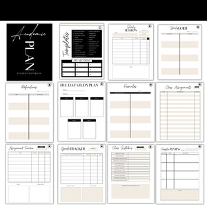 May include: A black and white academic plan student notebook with templates for study sessions, assignments, and grade tracking. The notebook includes pages for definitions, formulas, and chapter reviews. The cover reads "Academic Plan Student Notebook."