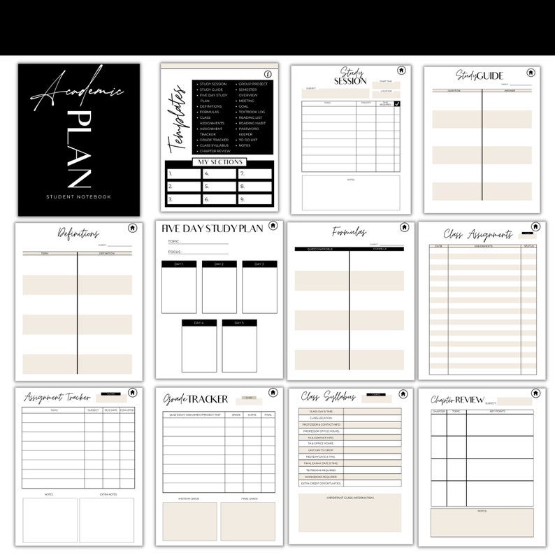 May include: A black and white academic plan student notebook with templates for study sessions, assignments, and grade tracking. The notebook includes pages for definitions, formulas, and chapter reviews. The cover reads "Academic Plan Student Notebook."
