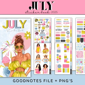 2025 July Digital Sticker Book For Goodnotes, July PNG Stickers, Pre- Cropped July Stickers, Summer Girl Stickers