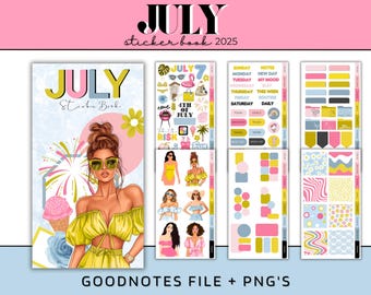 2025 July Digital Sticker Book For Goodnotes, July PNG Stickers, Pre- Cropped July Stickers, Summer Girl Stickers