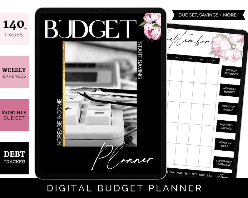 May include: Digital budget planner on a tablet. The planner features a black and white design with text that reads "Budget Planner." The planner includes sections for weekly expenses, monthly budget, and debt tracking. The planner also has a calendar for September.