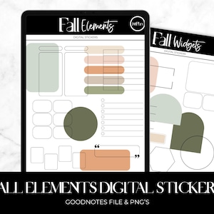 May include: A digital planner displayed on a tablet and a separate sheet, featuring fall-themed digital stickers. The stickers include shapes in shades of green, orange, and beige. The text "Fall Elements Digital Stickers" and "Fall Widgets Digital Stickers" are visible.