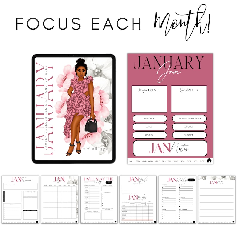 May include: A printable planner with a pink and white floral design featuring a woman in a pink dress. The planner includes sections for major events, quick notes, planner, daily, goals, undated calendar, weekly, and budget. The text "JANUARY" is in large font at the top of the page.