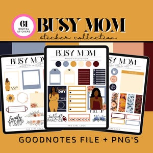 May include: A digital sticker collection for busy moms with 61 stickers. The stickers are in a variety of colors and designs, including floral patterns, geometric shapes, and motivational quotes. The stickers are designed to be used in a digital planner or notebook.