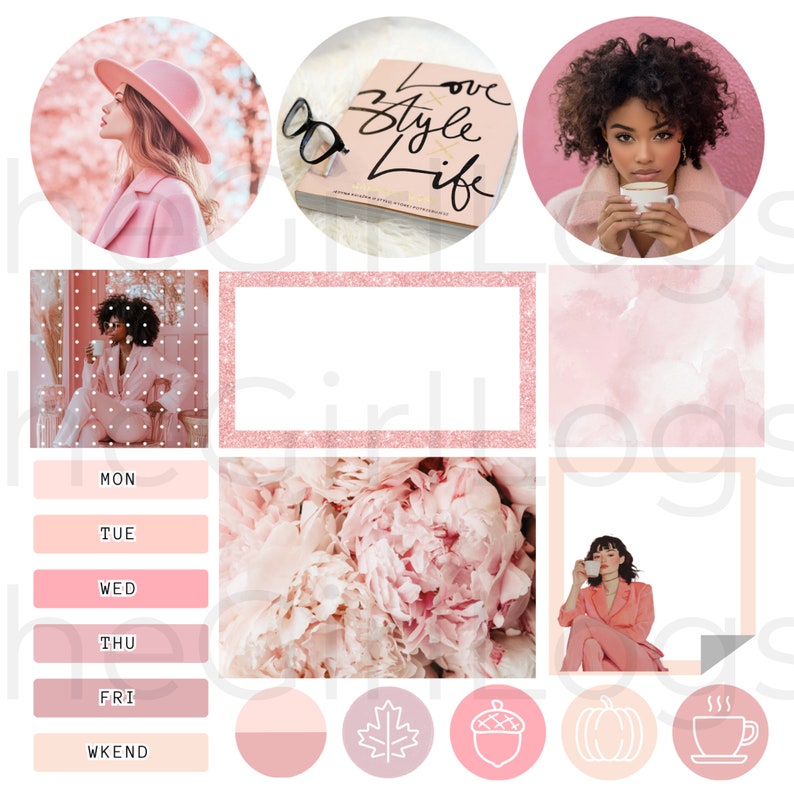 May include: A digital planner with pink and white color scheme. The planner includes a calendar, to-do list, and notes section. The planner also includes a variety of icons, such as a coffee cup, a pumpkin, and a leaf. The text "I love style life" is featured in the planner.