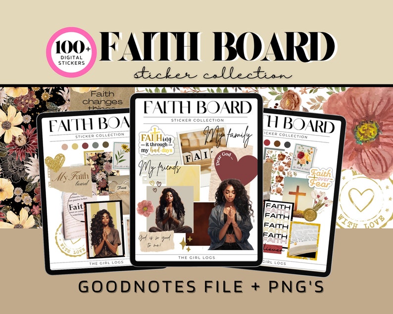 May include: A digital sticker collection for Goodnotes featuring a faith board theme. The stickers include illustrations of a woman praying, a cross, and the words "Faith over Fear".