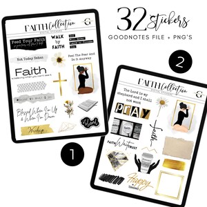 Puede incluir: Un conjunto de 32 pegatinas digitales con citas e ilustraciones sobre la fe. Las pegatinas son de color negro, blanco y dorado con un efecto acuarela. Las pegatinas est&aacute;n dise&ntilde;adas para su uso en planificadores y notas digitales.