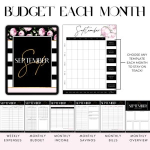 May include: A collection of budget planning templates for the month of September. Includes a digital tablet with a black and white striped design and floral accents, along with various printable sheets for tracking expenses, income, and savings. Text reads "Budget Each Month".