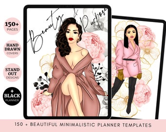 May include: Two digital planner covers featuring illustrations of women with pink floral backgrounds. The text "Beauty & Purpose" is at the top of the left cover. The text "150+ Beautiful Minimalistic Planner Templates" is at the bottom of the image.