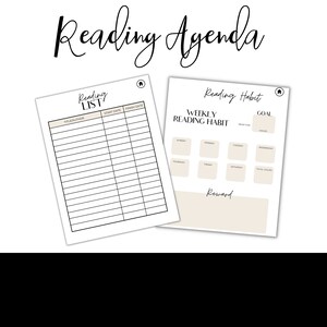 May include: Two printable reading agenda pages. One page is a reading list with title/author, start date, and finish date sections. The other page is a weekly reading habit tracker with space for daily reading and a reward section. The words "Reading Agenda" are written at the top.